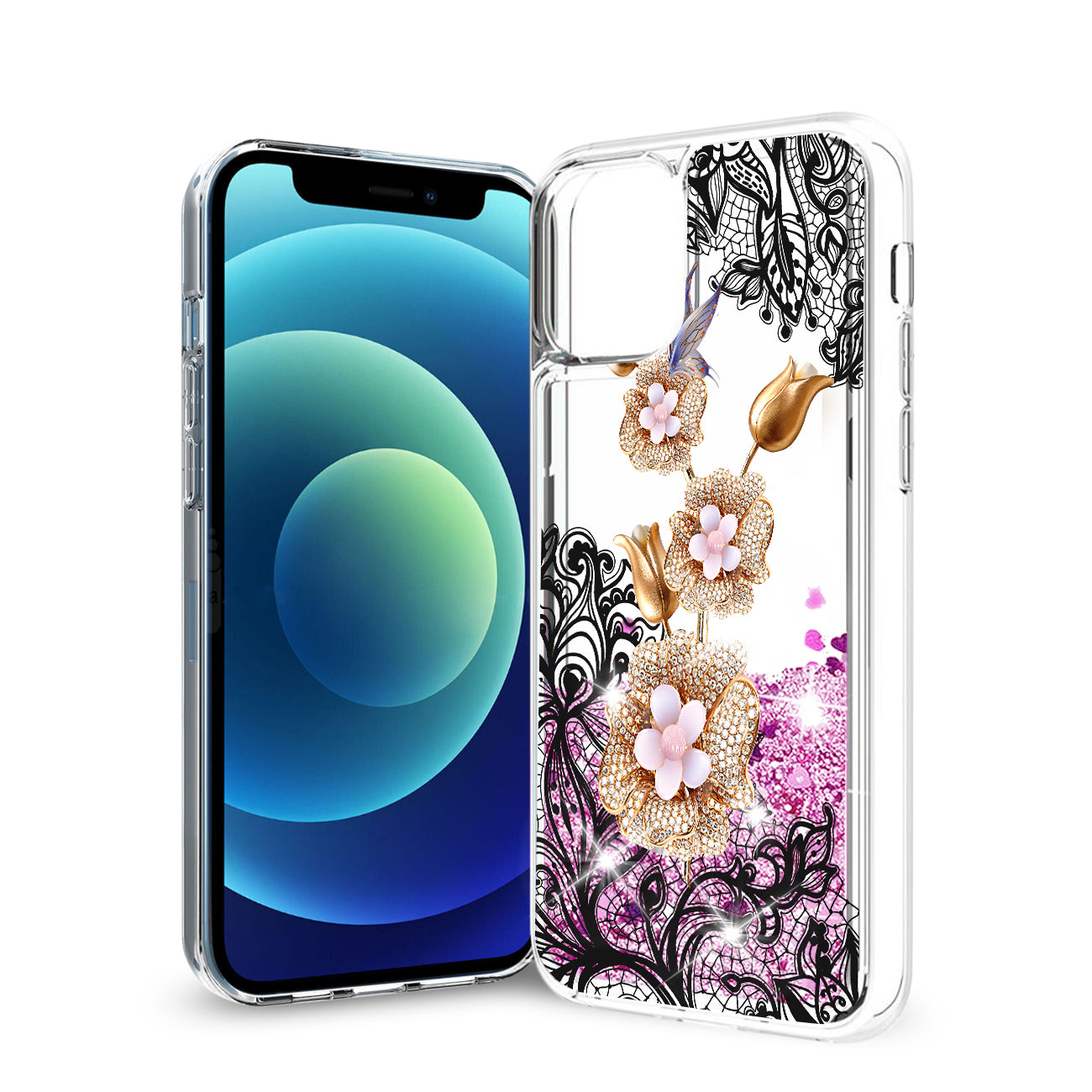 Reiko iPhone 12 Mini Glitter Case Moving Quicksand Pink Floral Gold Petals